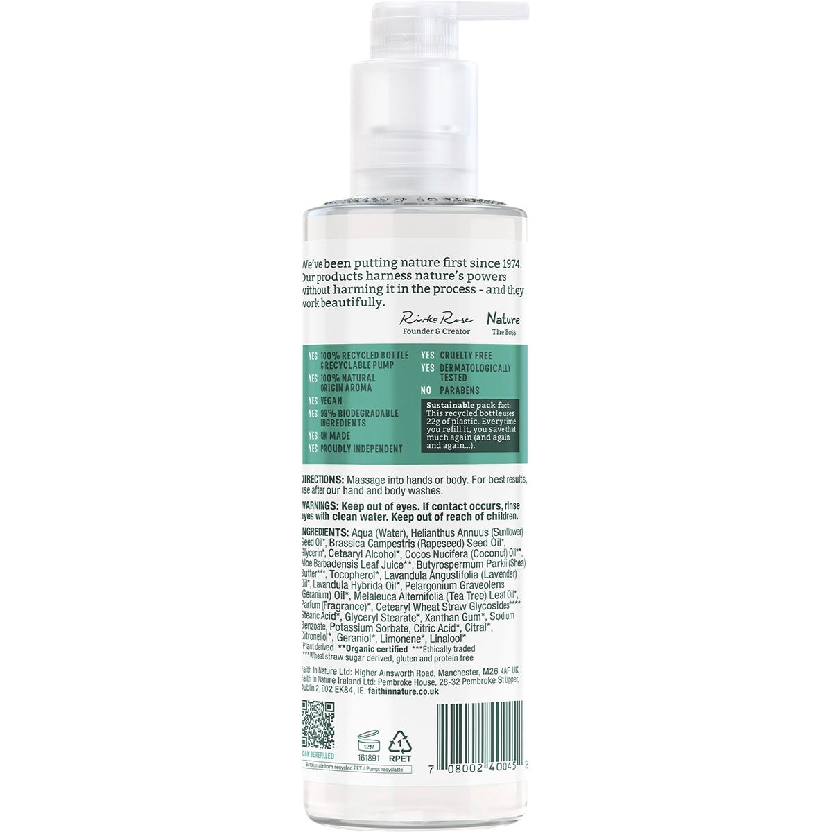 Faith In Nature 400ml Lavender and Geranium lotion bottle with a pump dispenser against a white background.