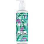 400ml bottle of Faith In Nature Lavender and Geranium hand and body lotion with a pump dispenser and botanical label.