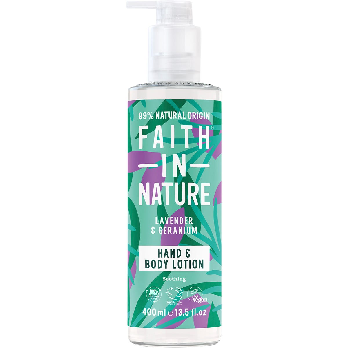 400ml bottle of Faith In Nature Lavender and Geranium hand and body lotion with a pump dispenser and botanical label.