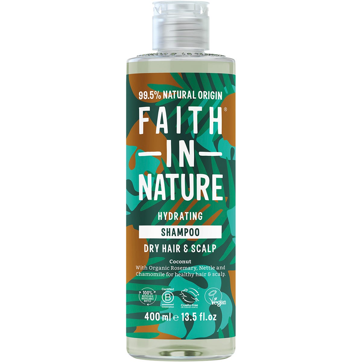 400ml bottle of Faith In Nature Hydrating Coconut Shampoo for normal to dry hair on a white background.