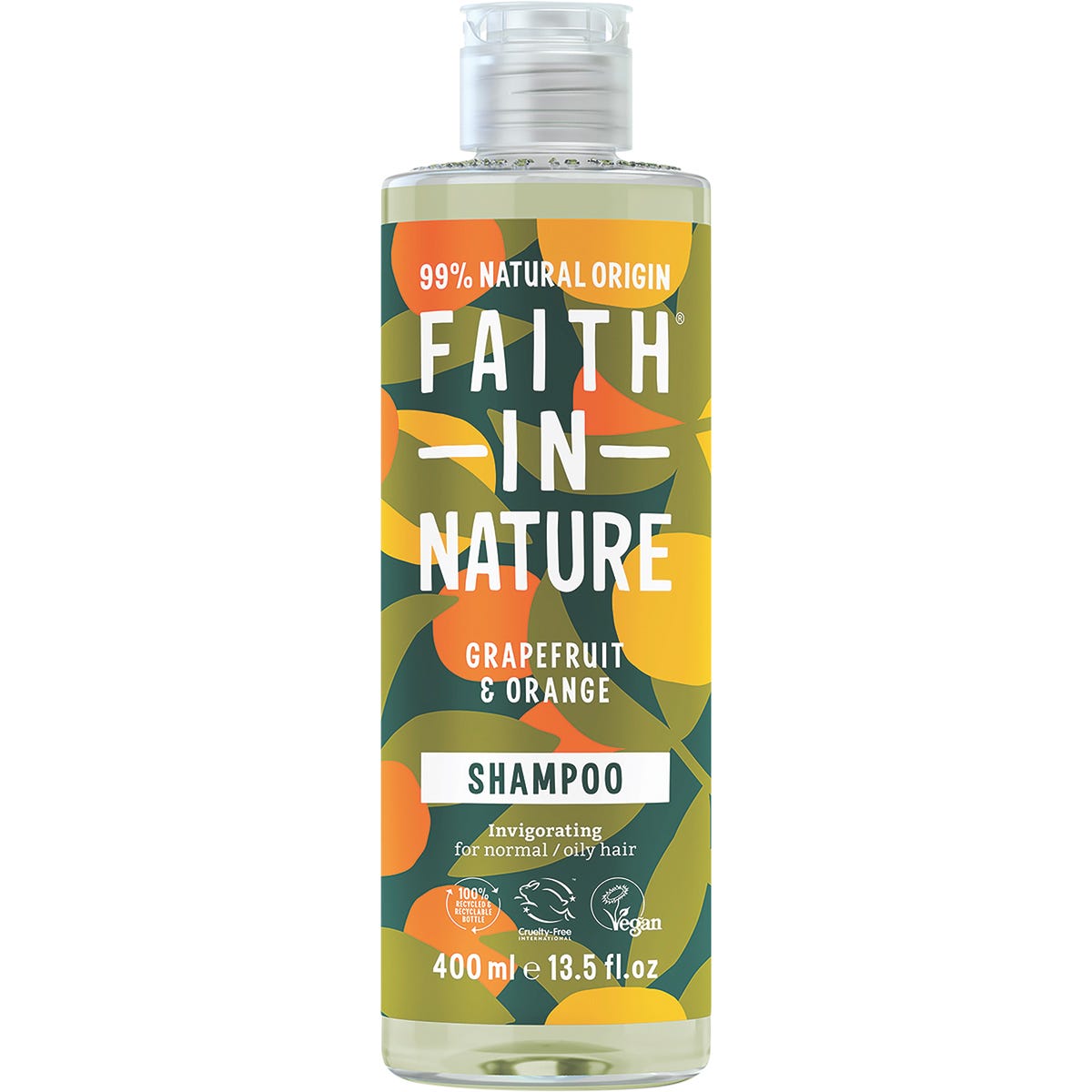 400ml bottle of Faith In Nature Invigorating Grapefruit and Orange Shampoo with an orange and green botanical label.