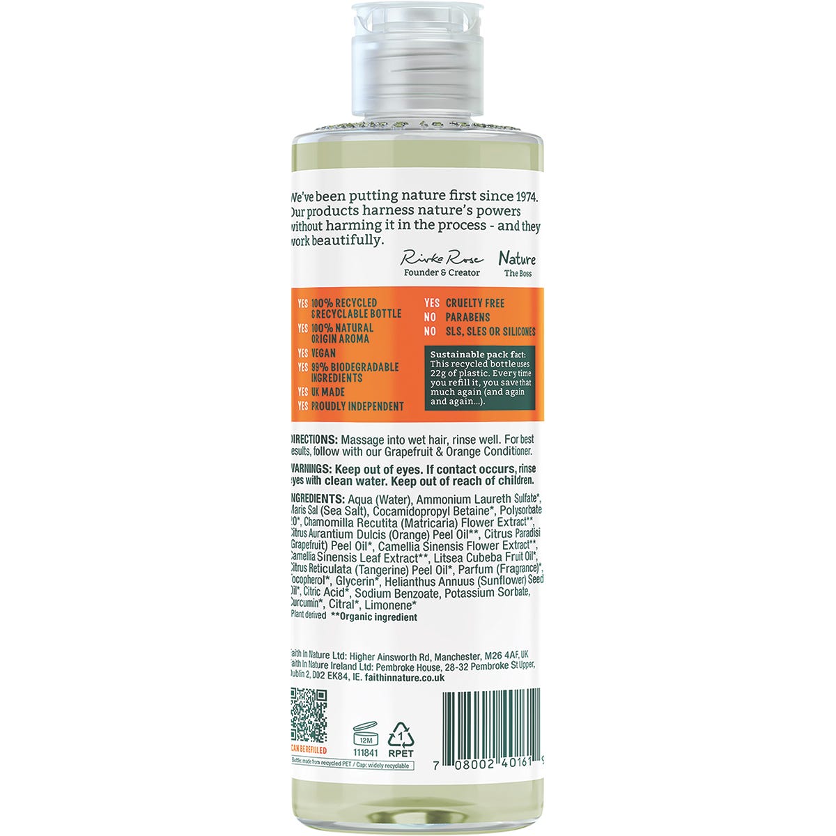 400ml bottle of Faith In Nature Grapefruit and Orange Shampoo with its back label on a white background.