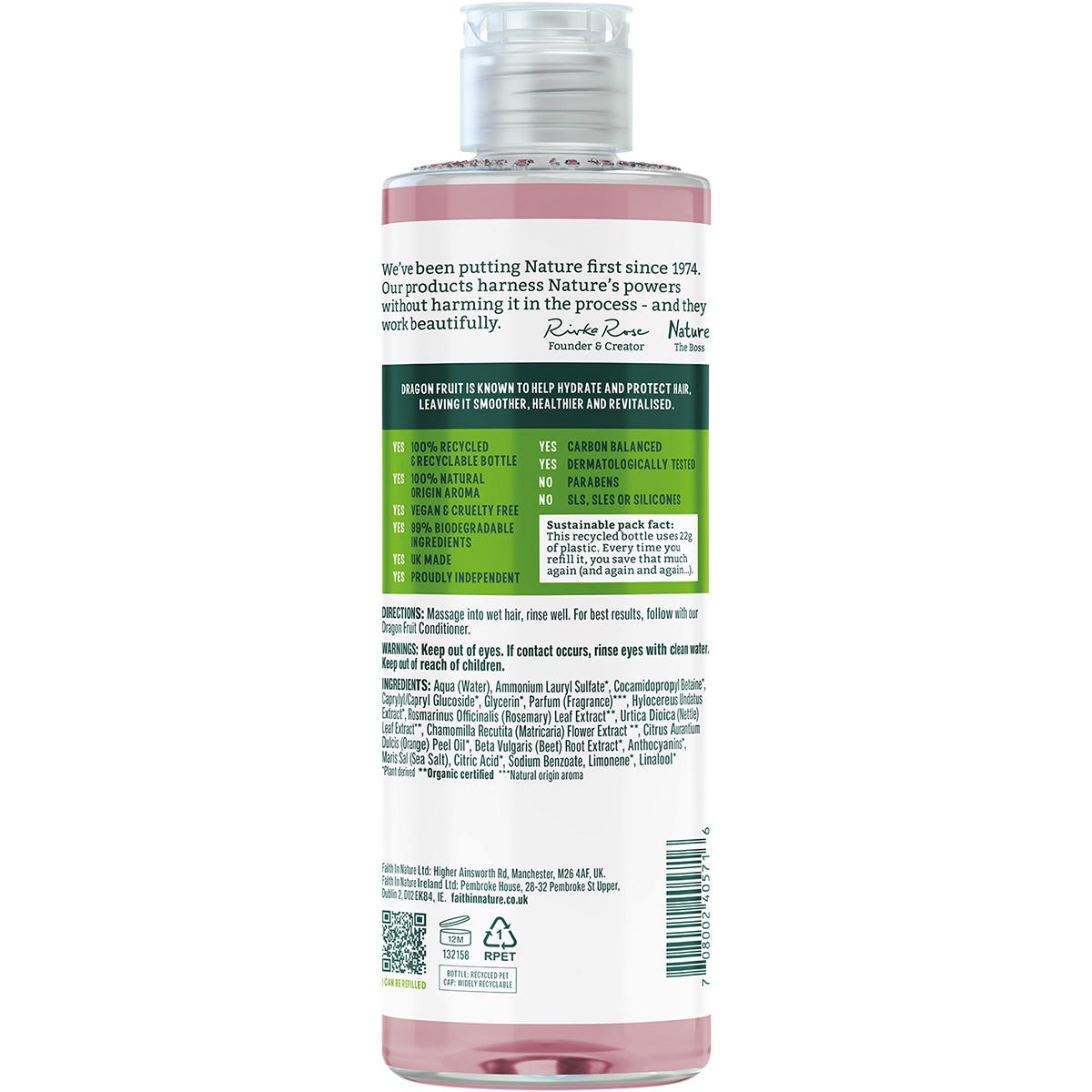 Faith In Nature 400ml Dragon Fruit Shampoo bottle with a black cap, featuring a vibrant pink dragon fruit illustration.