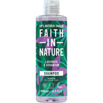 400ml bottle of Faith In Nature Lavender and Geranium Shampoo with a purple label and botanical illustrations.