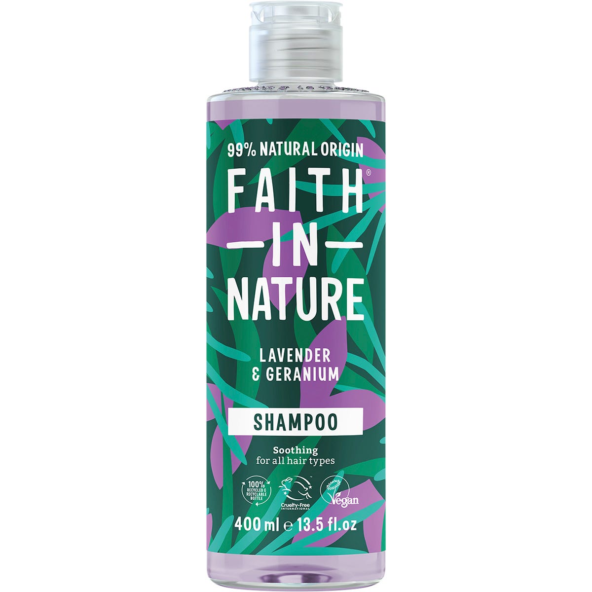 400ml bottle of Faith In Nature Lavender and Geranium Shampoo with a purple label and botanical illustrations.