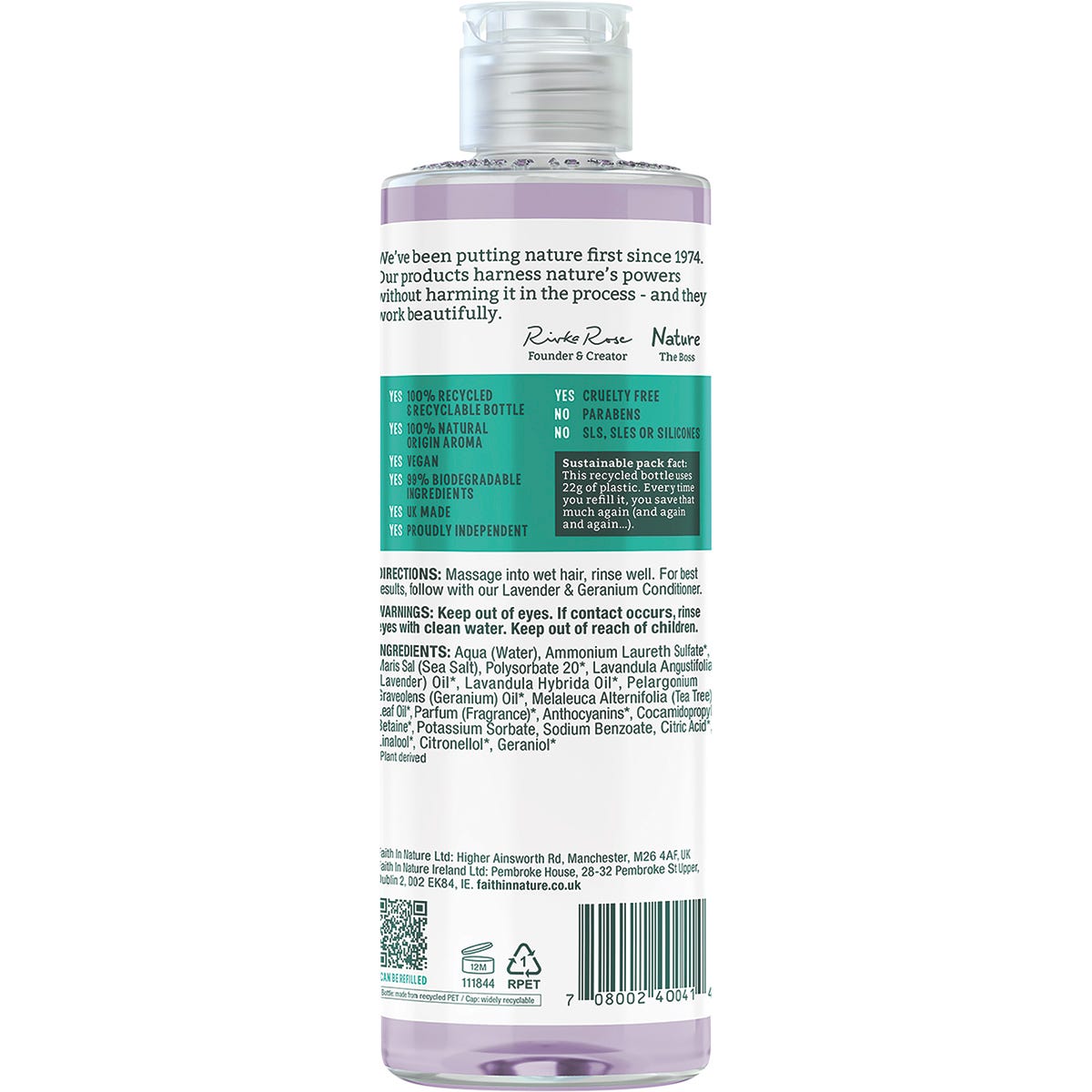 Back of a 400ml Faith In Nature Lavender and Geranium Shampoo bottle showing ingredients and usage instructions.