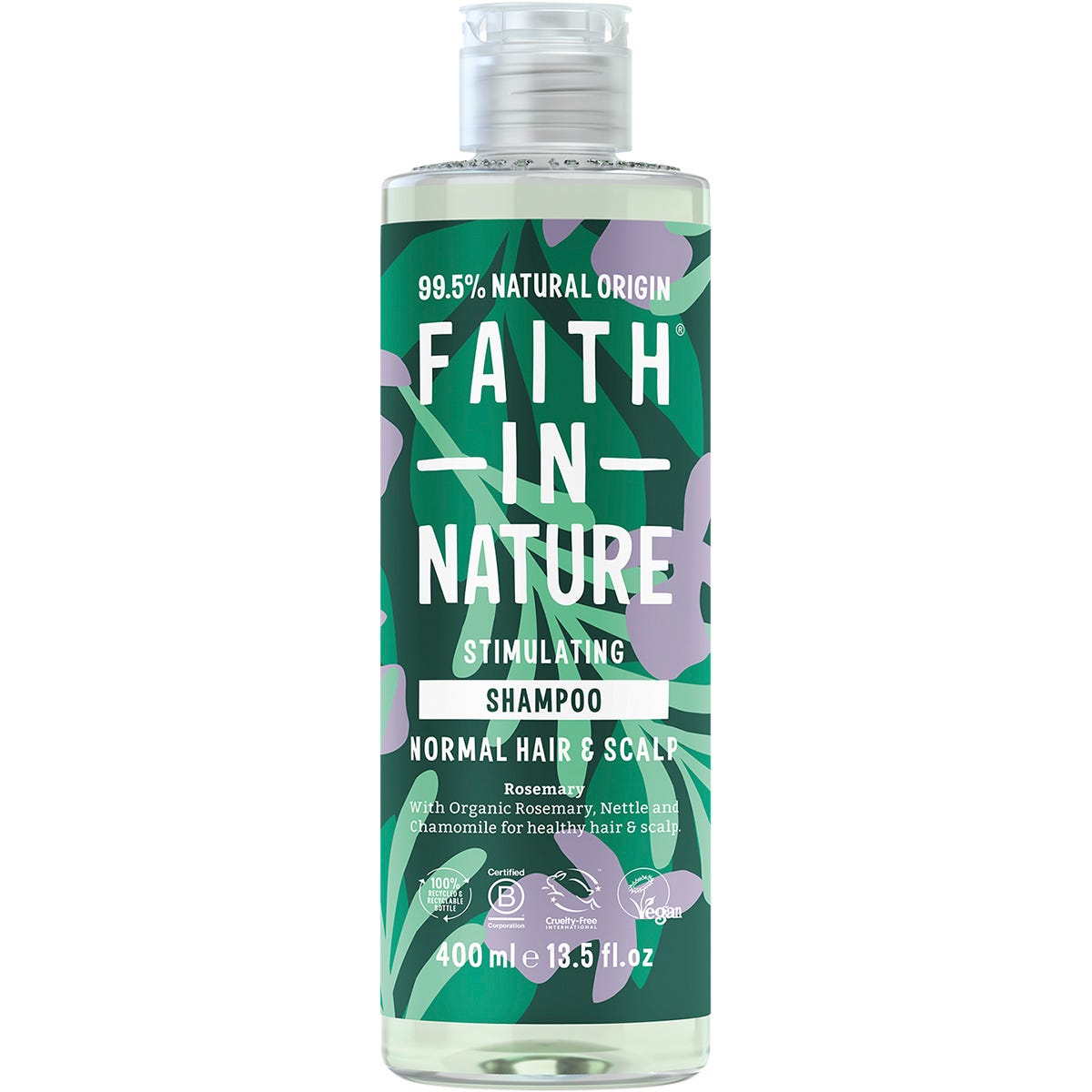400ml bottle of Faith In Nature Stimulating Rosemary Shampoo with a green label and black cap on a white background.