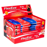 A retail display box of FlexEze Body Wrap pain relief pads, showing multiple individual wrapped pads inside a red and blue branded counter display.