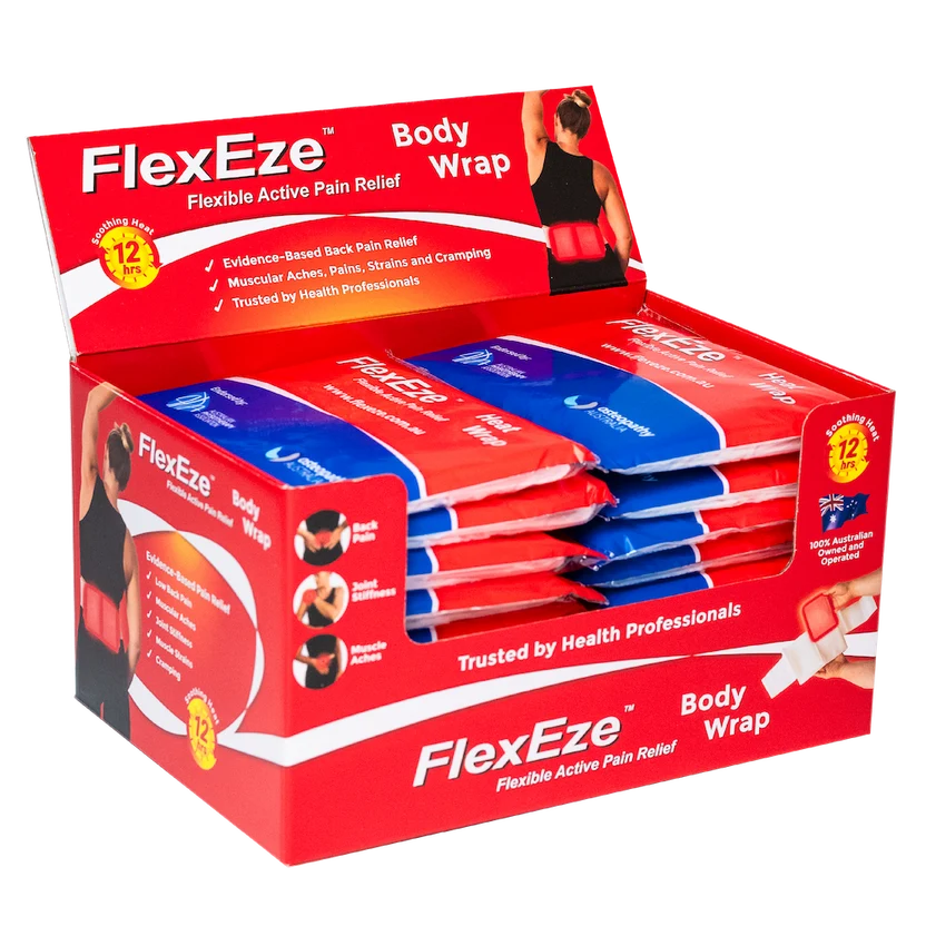 A retail display box of FlexEze Body Wrap pain relief pads, showing multiple individual wrapped pads inside a red and blue branded counter display.