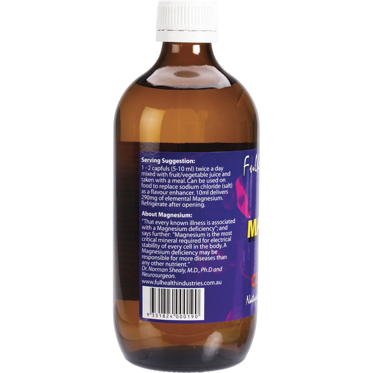 Fulhealth Magnesium Colloid Concentrate 500ml bottle with a white and blue label against a white background.