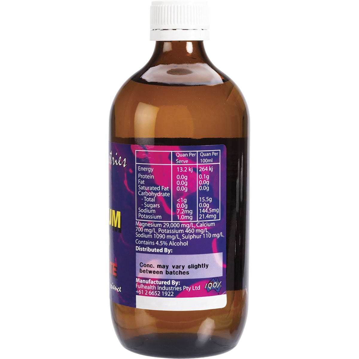 Side view of Fulhealth Magnesium Colloid Concentrate 500ml bottle showing directions and nutritional information.