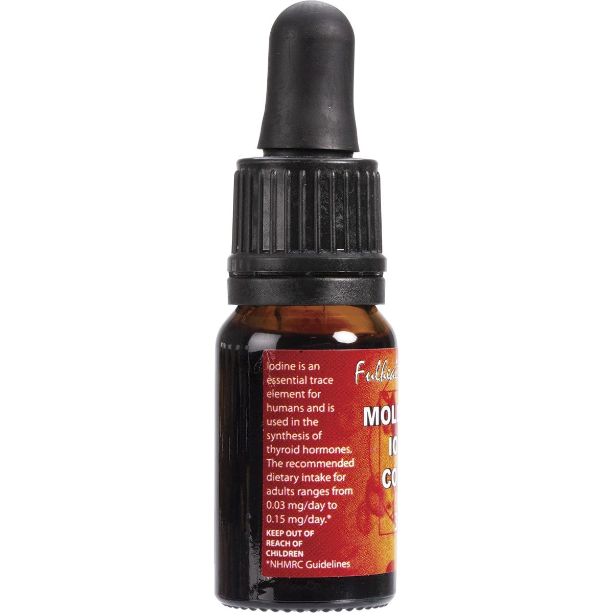 10ml bottle of Fulhealth Molecular Iodine Colloid 3% w/w with a white dropper lid on a white background.