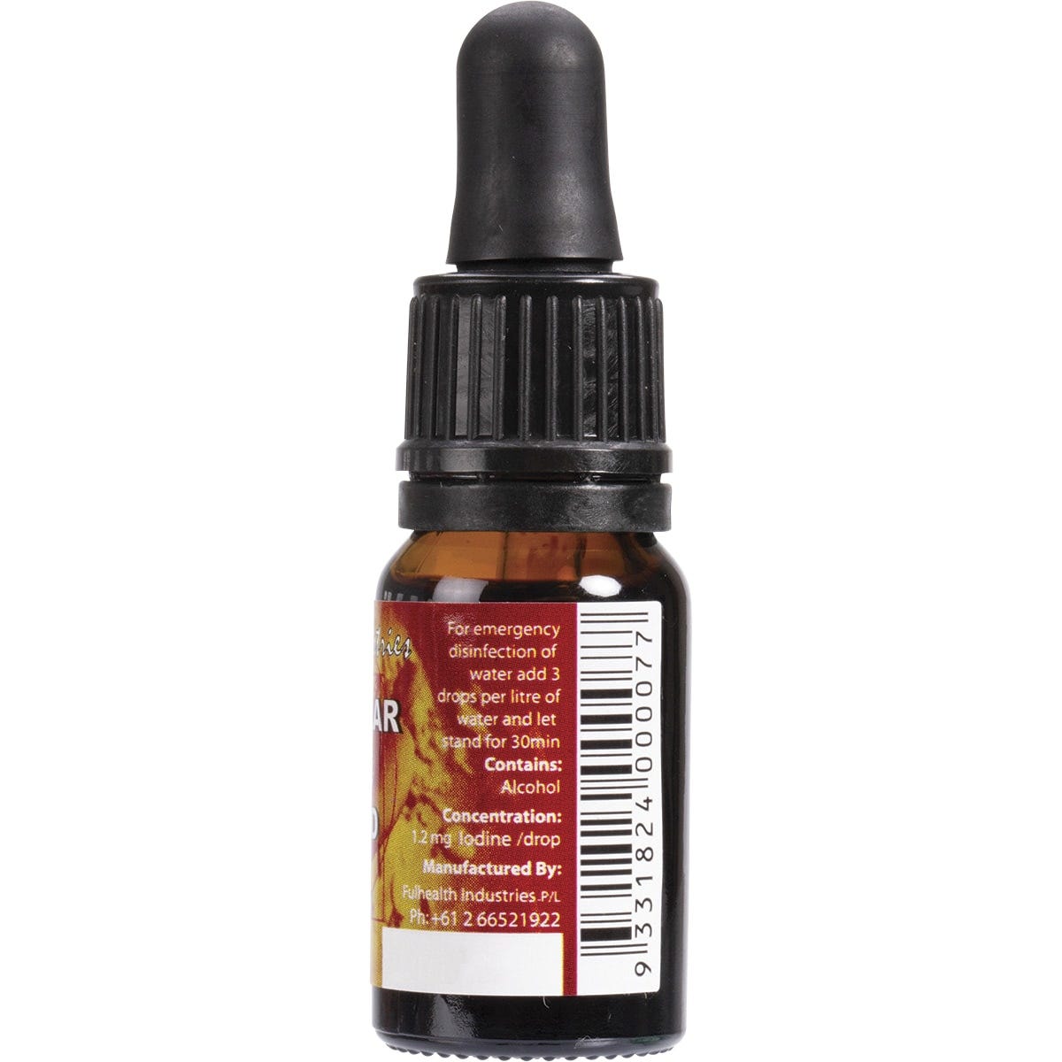 10ml bottle of Fulhealth Molecular Iodine Colloid 3% w/w showing directions, ingredients, and storage information.