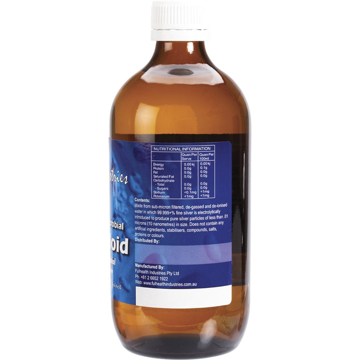 Side view of Fulhealth Silver Colloid 500ml bottle showing product information and directions for use.