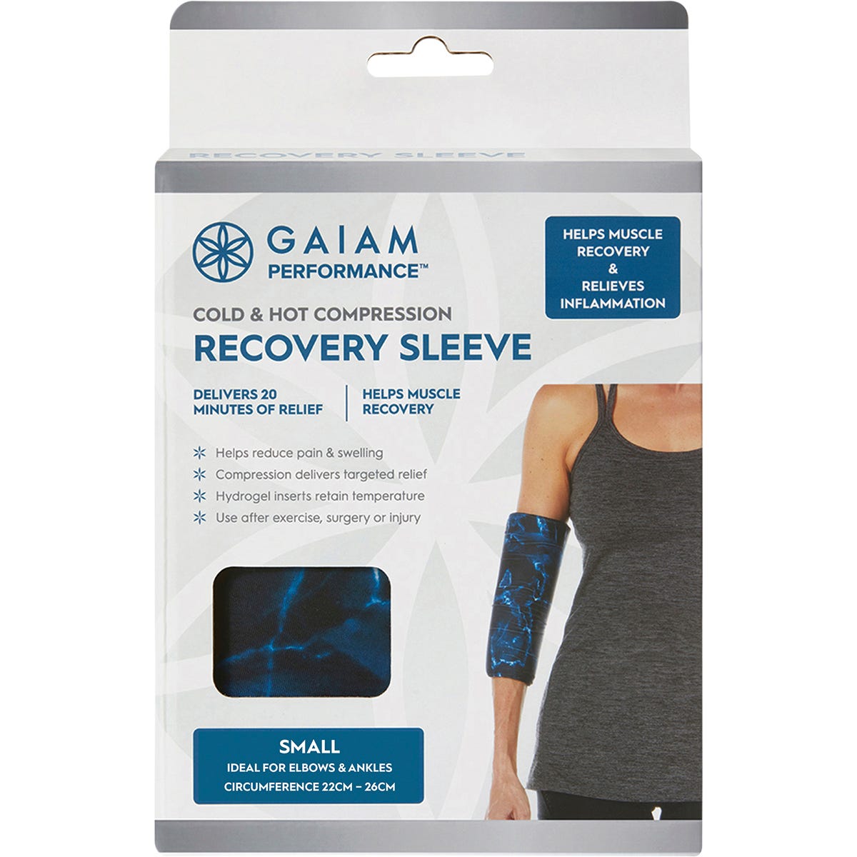 Gaiam small cold and hot compression recovery sleeve in white packaging with product and therapy benefits listed.