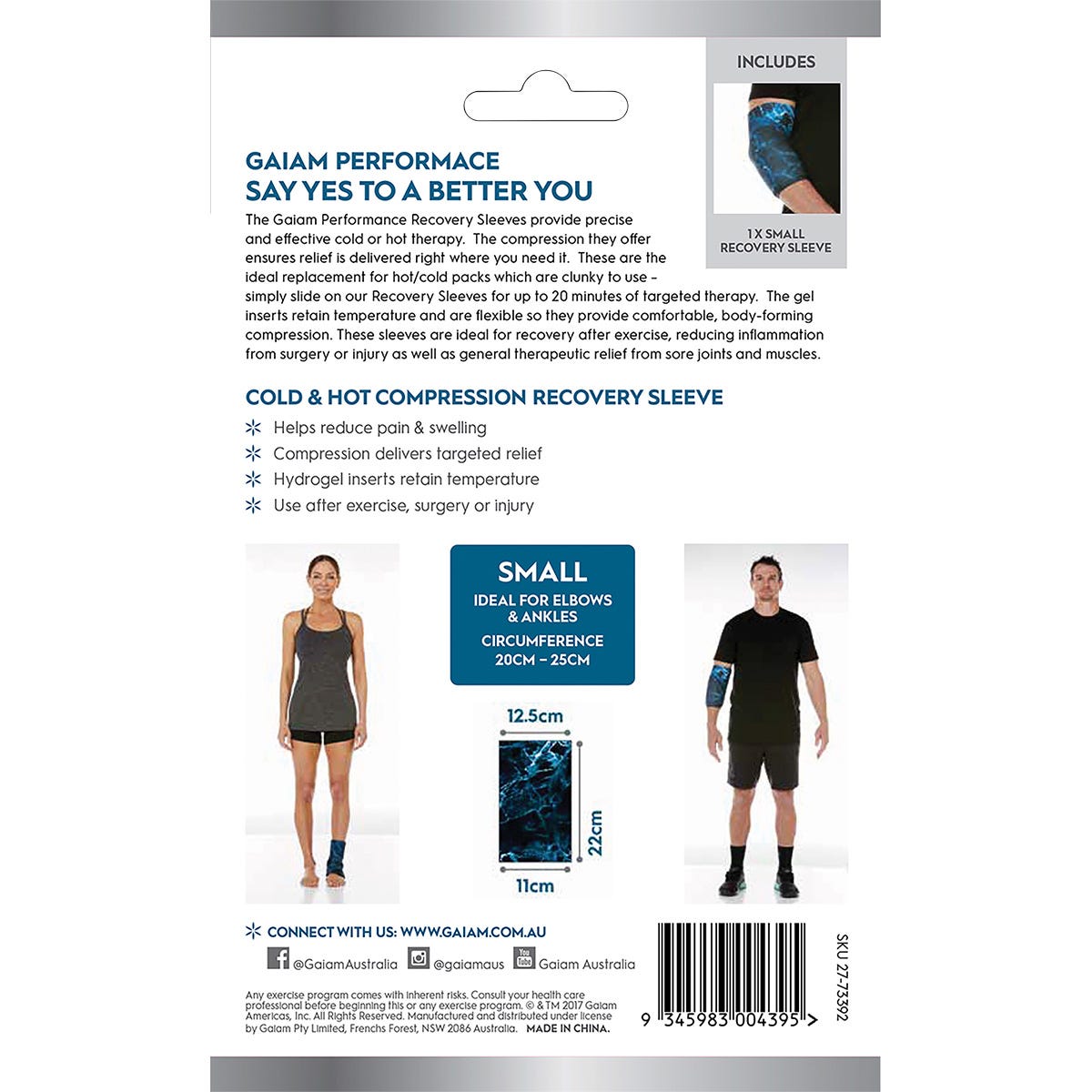 Gaiam small compression sleeve packaging back view with instructions for cold and hot therapy and a gel pack diagram.