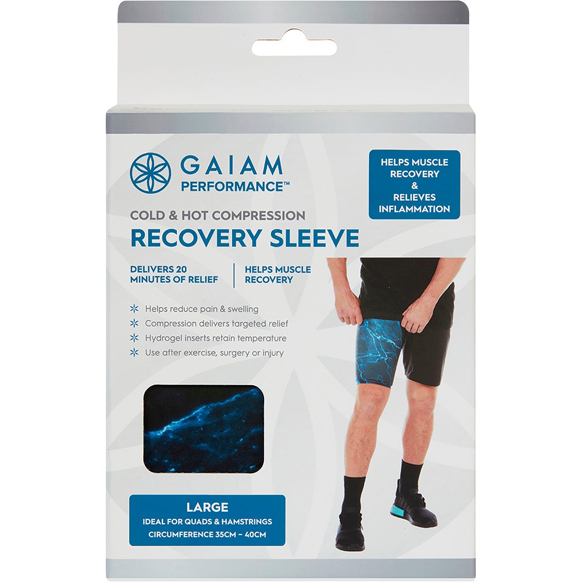 Large Gaiam cold and hot compression recovery sleeve in black packaging for muscle soreness and inflammation relief.