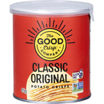 Box of 12 The Good Crisp Company Classic Original potato crisp canisters, 45g each, featuring a red and yellow design.