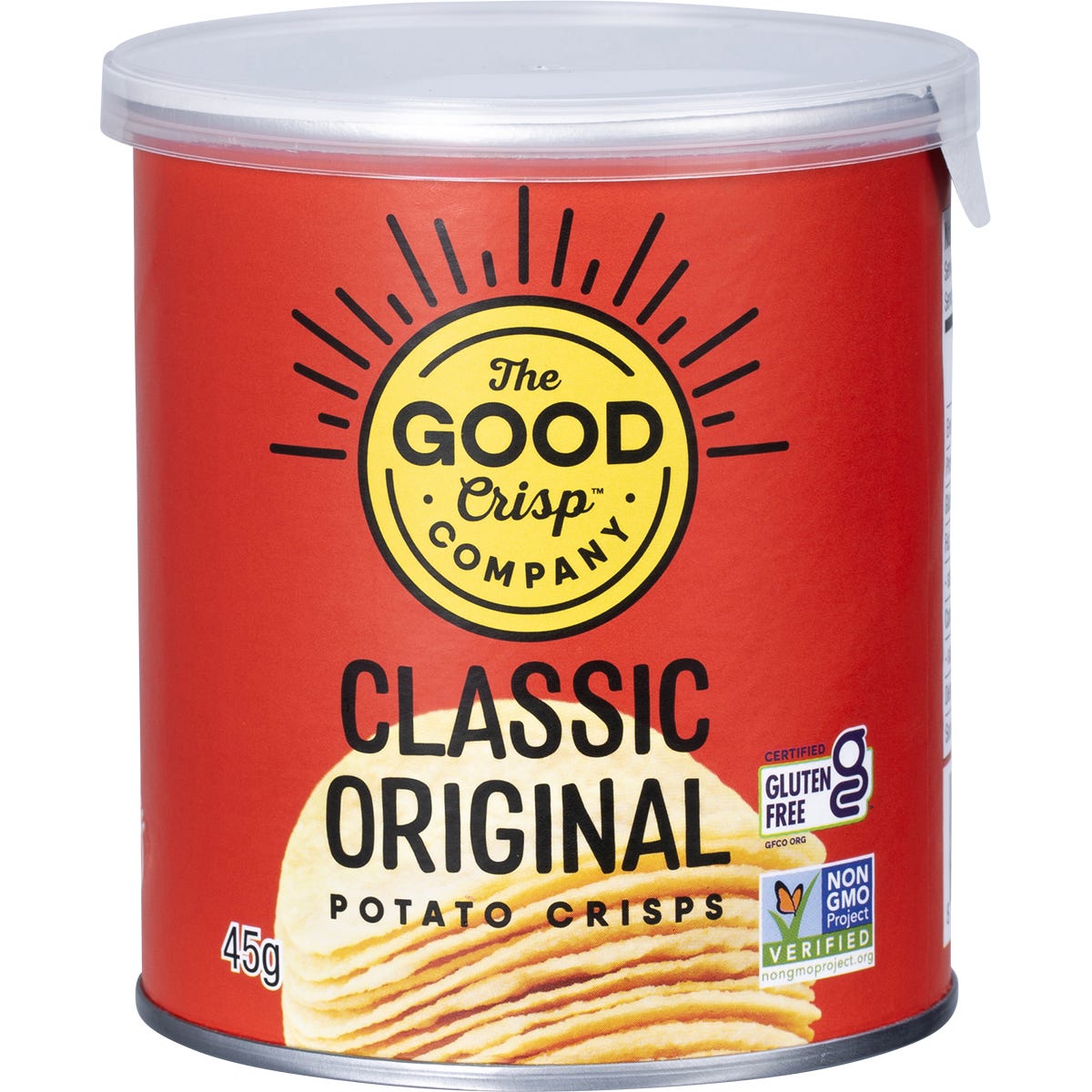 Box of 12 The Good Crisp Company Classic Original potato crisp canisters, 45g each, featuring a red and yellow design.