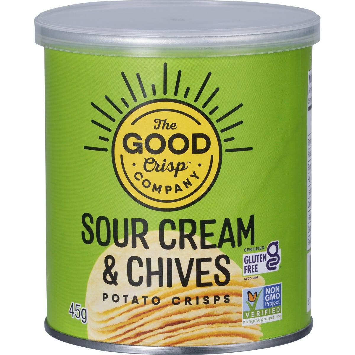 Green canister of The Good Crisp Company Sour Cream & Chives Potato Crisps on a white background.