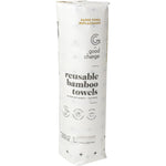 Roll of 20 reusable, white bamboo towels from Good Change Store on a white background.
