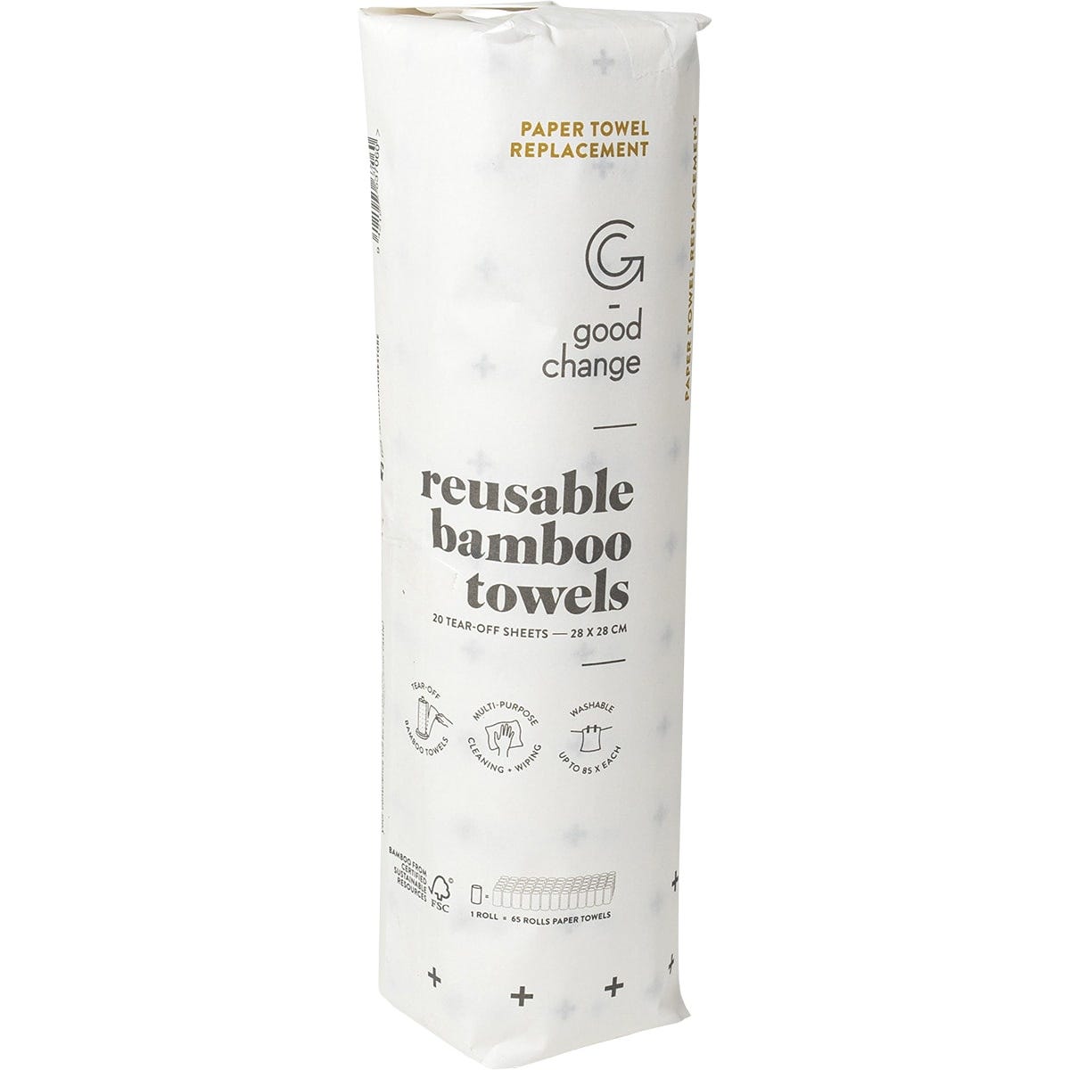 Roll of 20 reusable, white bamboo towels from Good Change Store on a white background.