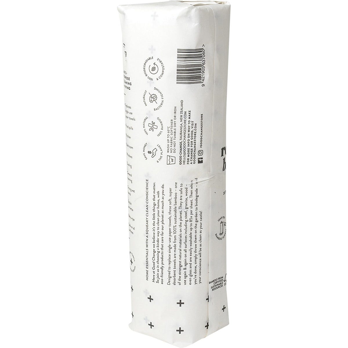 Roll of white reusable bamboo towels from Good Change Store showing a single sheet being pulled away.