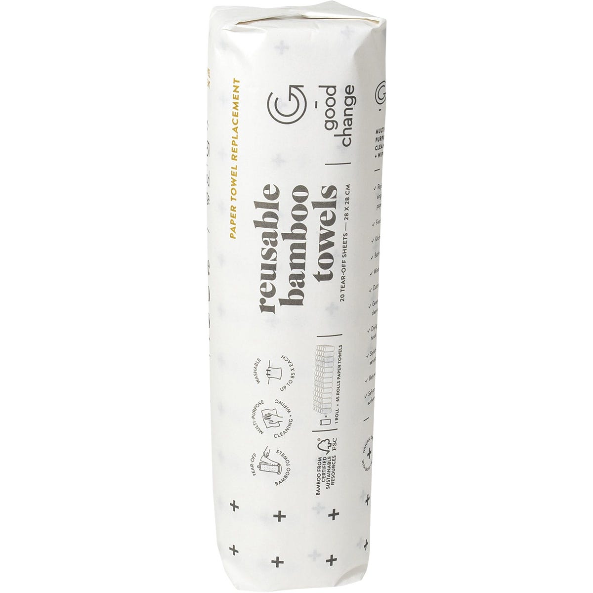 Side view of Good Change Store Reusable Bamboo Towels roll showing product features and eco-friendly information.