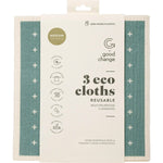 A stack of three medium-sized Good Change Store eco cloths in various grey and white patterns on a white background.