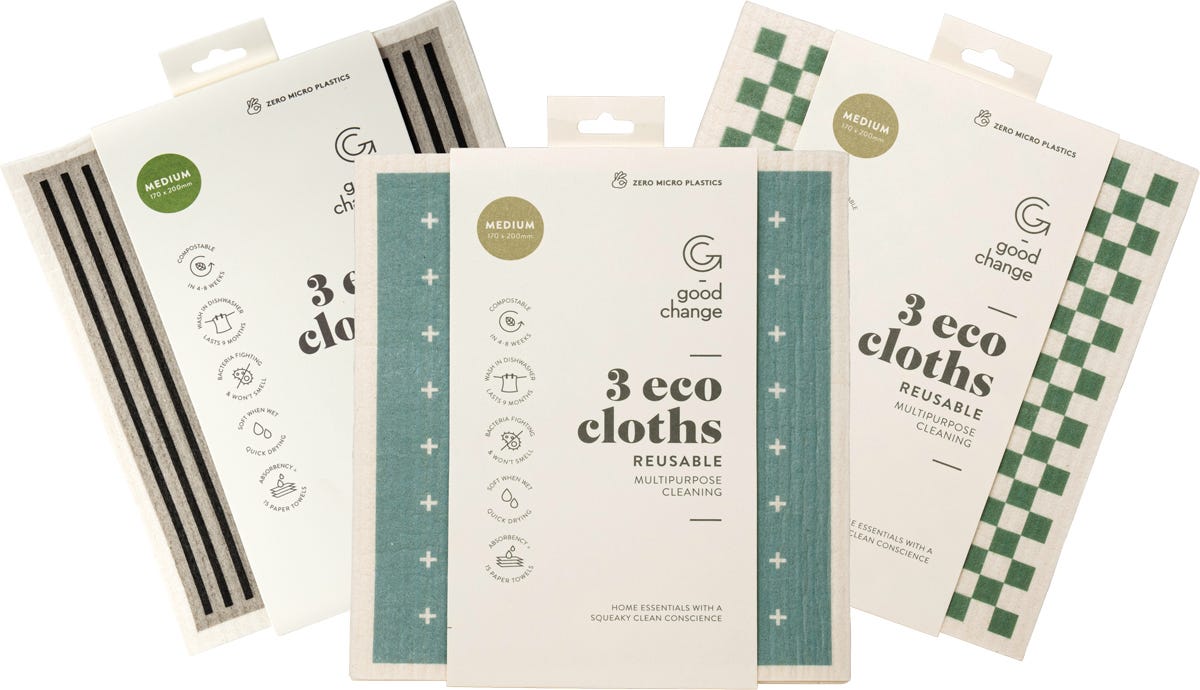 Three medium-sized Good Change Store eco cloths with different patterns shown in a bundle and individual views.
