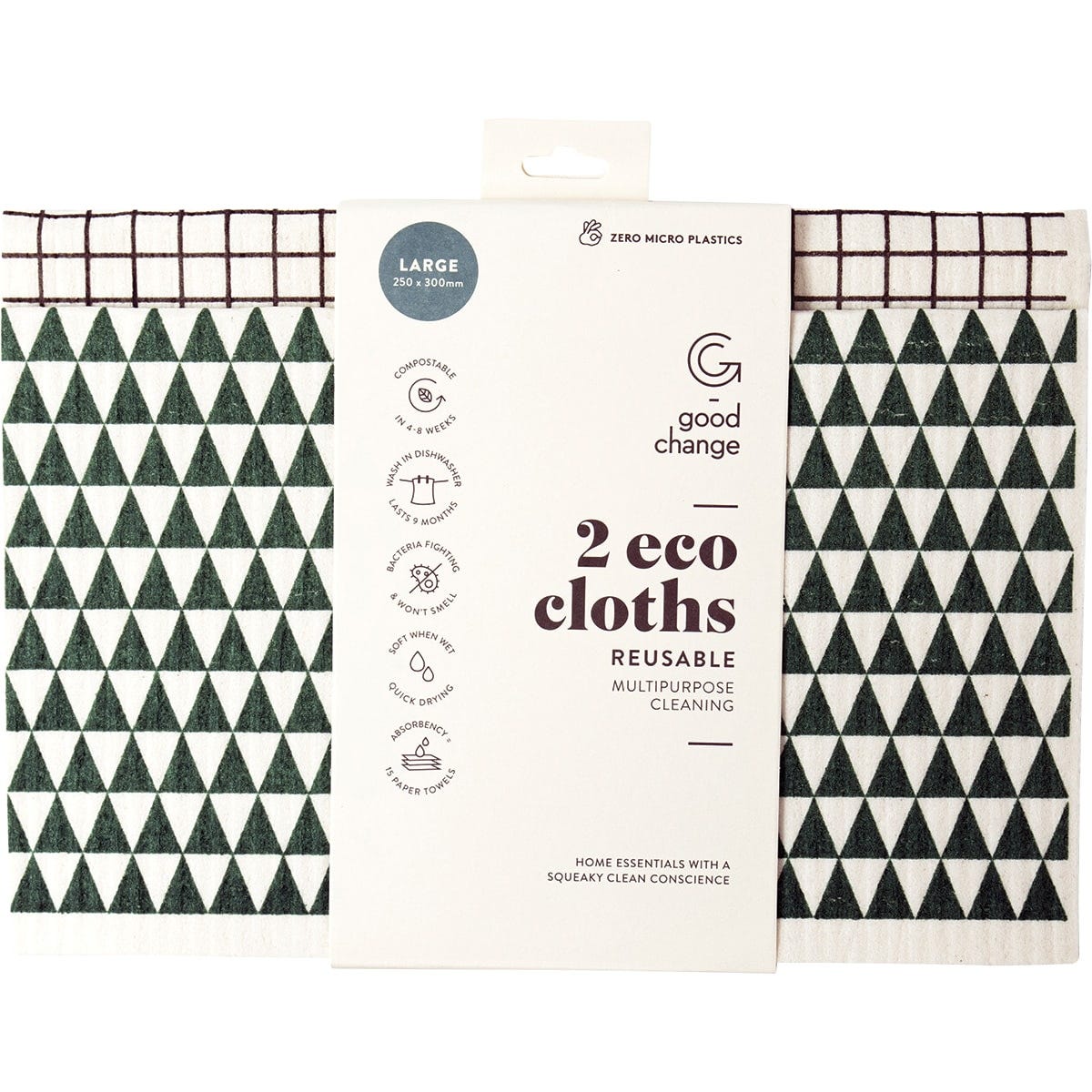 Two large, grey Good Change Store eco cloths packaged in a cardboard sleeve on a white background.