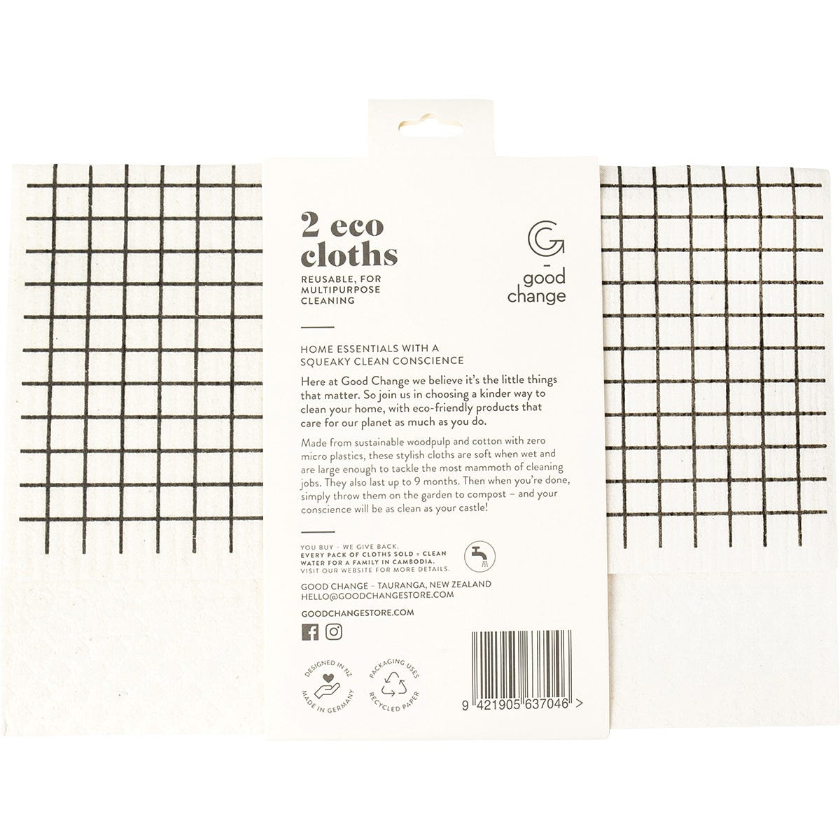 Back of Good Change Store eco cloth packaging with product details and usage instructions on a white background.