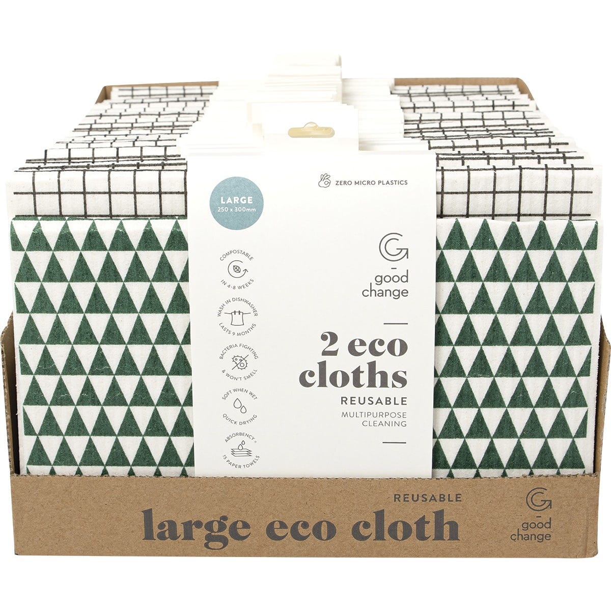 Two large grey Good Change Eco Cloths displayed out of their cardboard packaging on a white background.