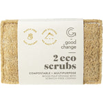 Two-pack of Good Change Store Eco Scrubs featuring loofah and cellulose layers with hand-stitched detailing.