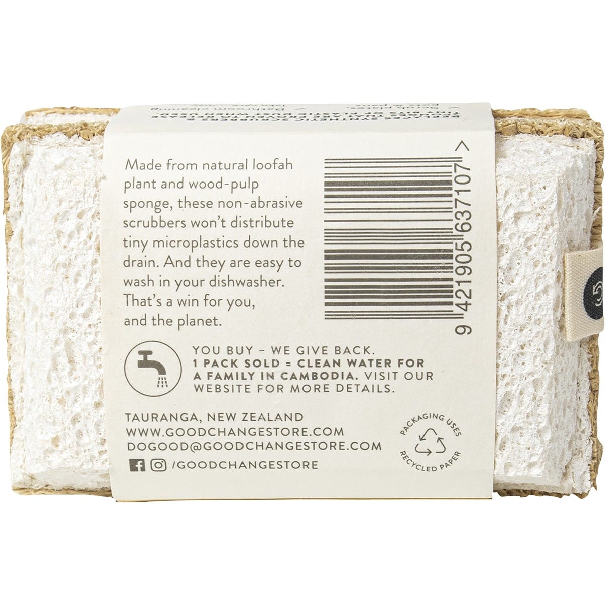 Back of a Good Change Store Eco Scrub 2 Pack showing the loofah and cellulose layers against a white background.