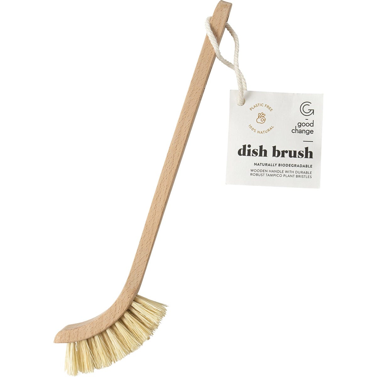 Good Change Store wooden dish brush with natural plant bristles and a long beech wood handle.