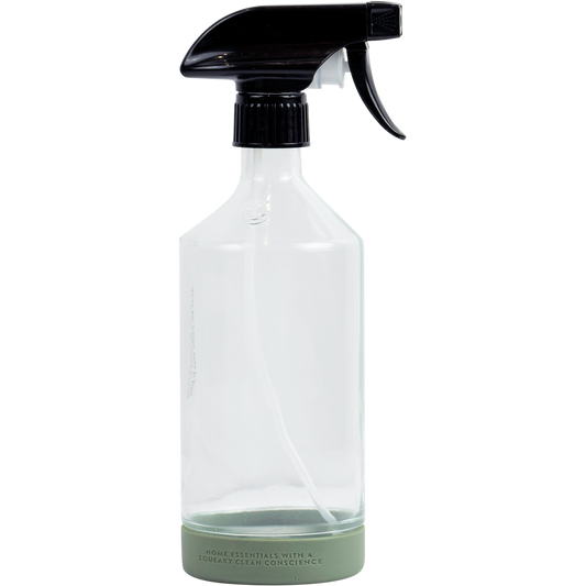 Reusable 500ml glass bottle with a nude silicone base and a black plastic spray trigger nozzle.