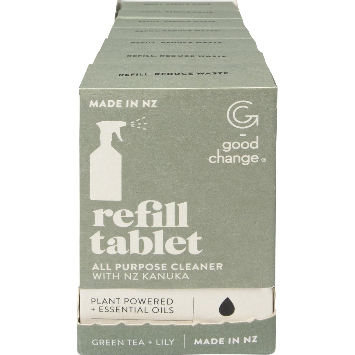 Seven Good Change Store All Purpose Refill Cleaning Tablets displayed next to their green botanical cardboard box.