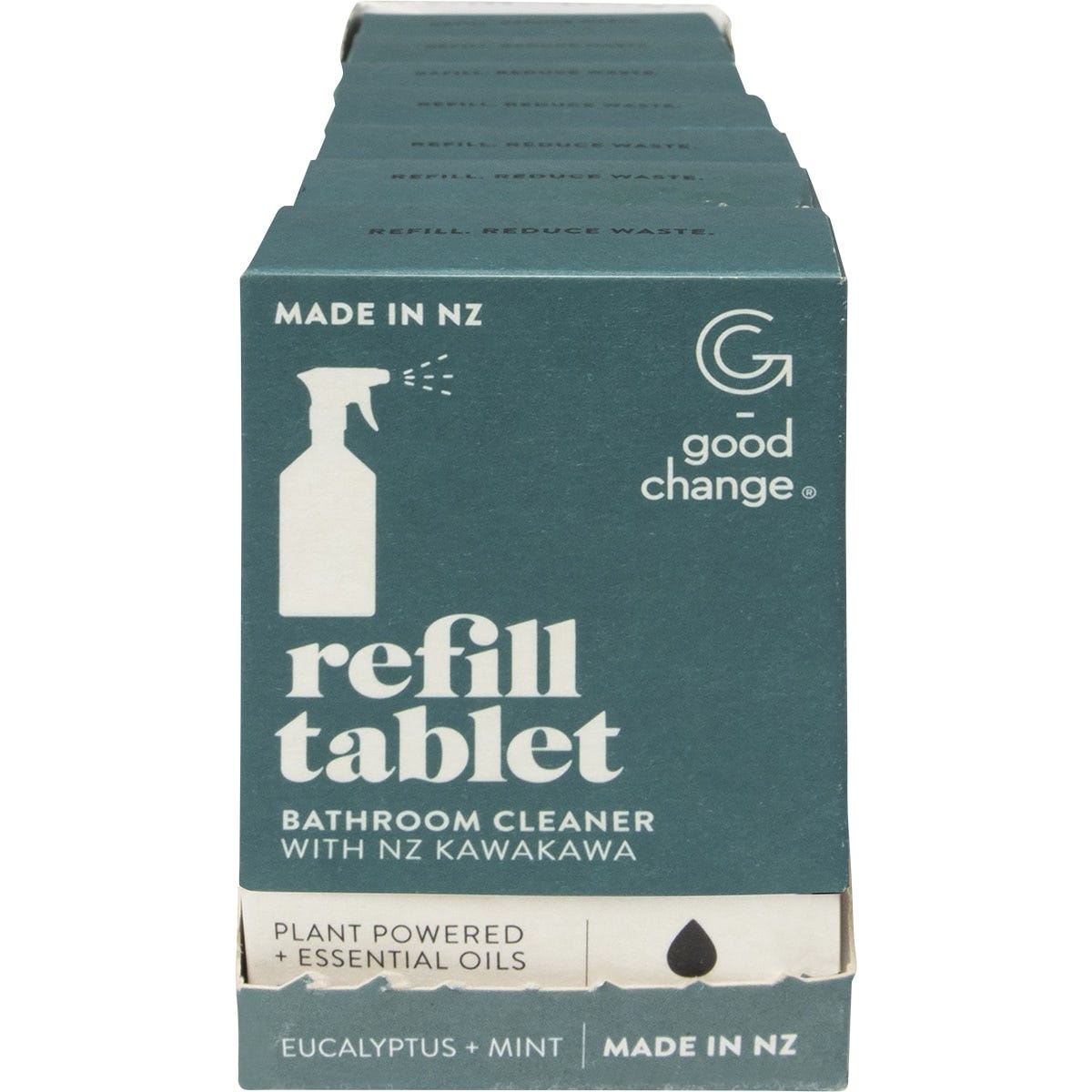 Good Change Store bathroom cleaner refill tablets arranged next to a 7-pack retail box on a white background.