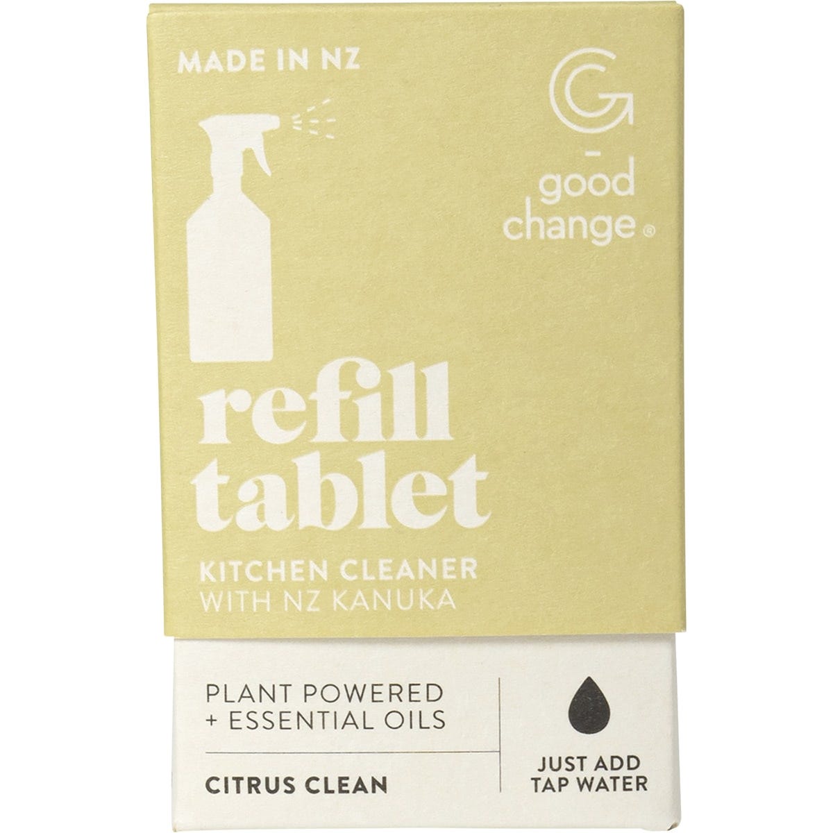 Pack of 7 Good Change Store refill tablets for kitchen cleaner in a white and yellow box with citrus illustrations.