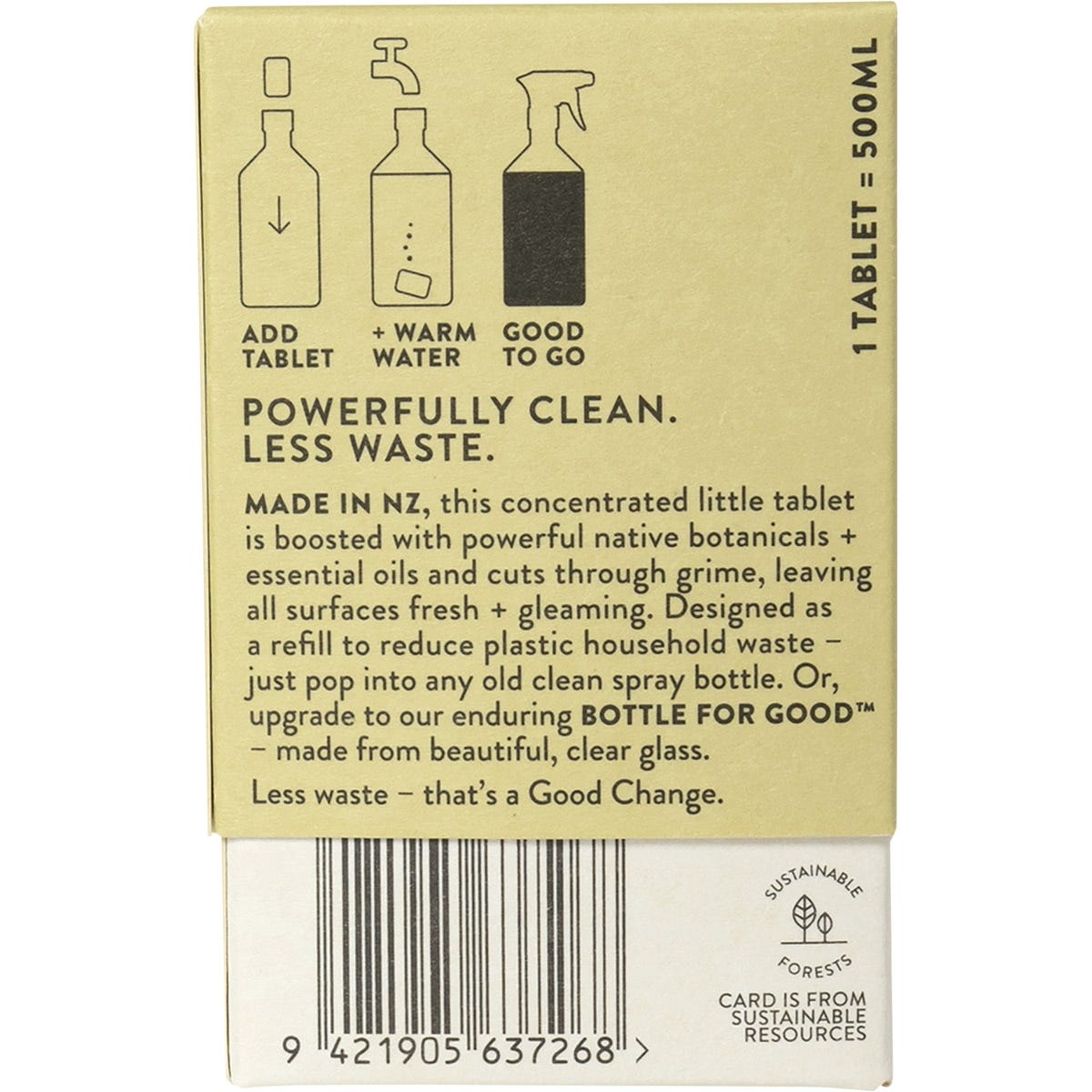 Back of Good Change Store kitchen cleaner refill box with instructions and ingredients on a white background.