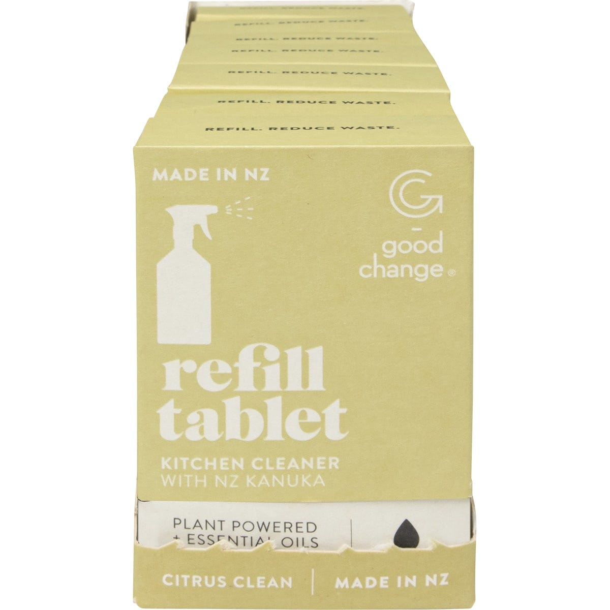 Good Change Store Kitchen Cleaner refill tablets and box on a wooden surface with a spray bottle and orange.