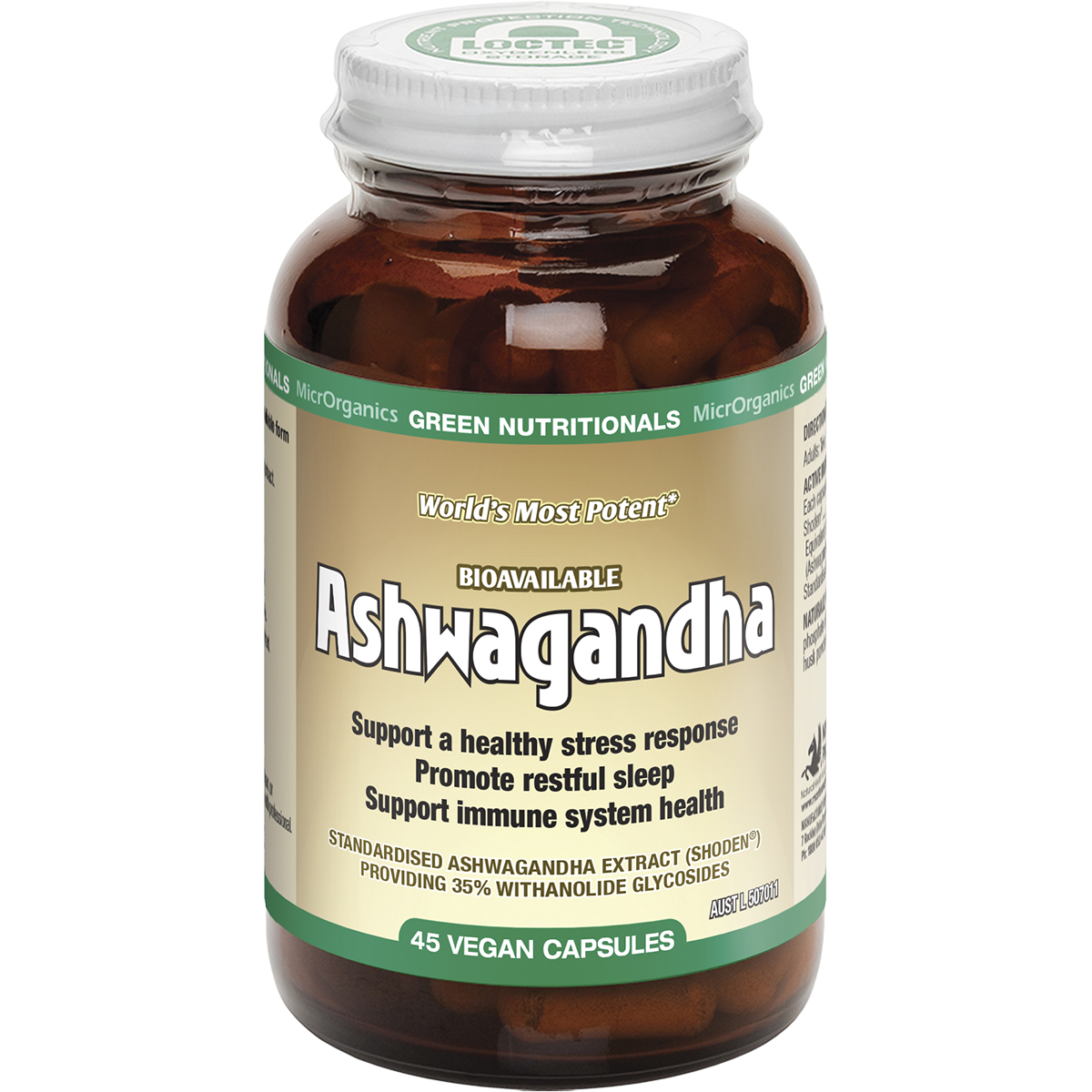 Bottle of 45 Green Nutritionals Ashwagandha capsules featuring Shoden extract for stress and sleep support.
