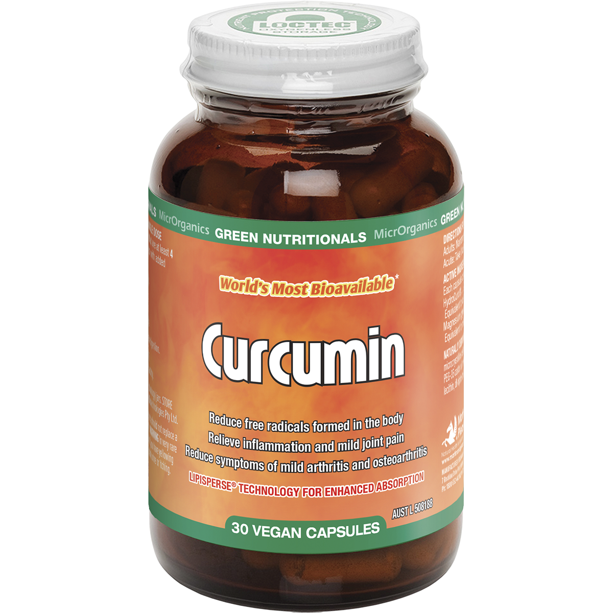 Green Nutritionals Curcumin 30 capsules in a white bottle with a yellow and green label.