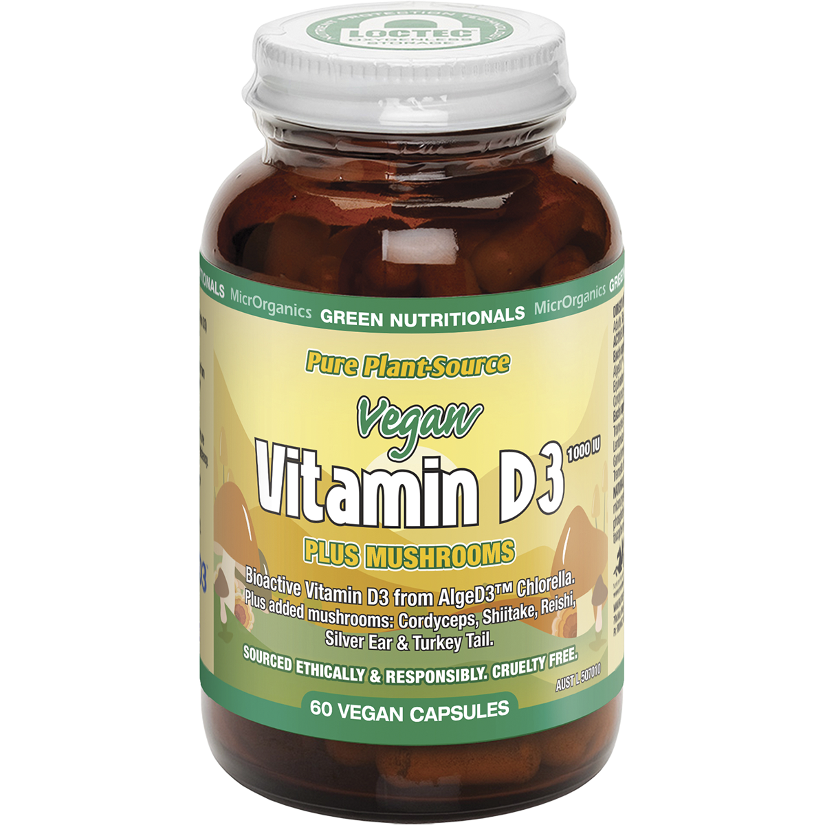 Green Nutritionals Vitamin D3 1000IU + Mushrooms 60 Capsules bottle with botanical and mushroom illustrations.