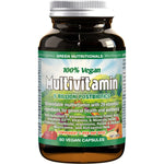 60 capsule glass bottle of Green Nutritionals 100% Vegan Multivitamin featuring a green label and white lid.