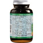 Left angle view of a Green Nutritionals 100% Vegan Multivitamin glass bottle with 60 capsules and a green label.