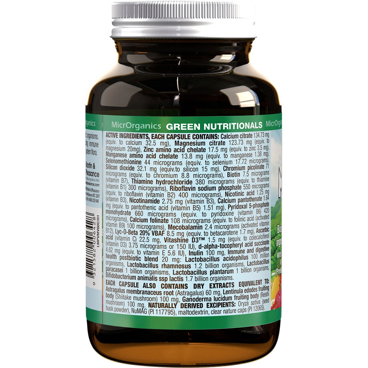 Left angle view of a Green Nutritionals 100% Vegan Multivitamin glass bottle with 60 capsules and a green label.
