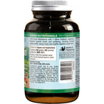 Right angle view of Green Nutritionals 100% Vegan Multivitamin glass bottle with a green label and white lid.