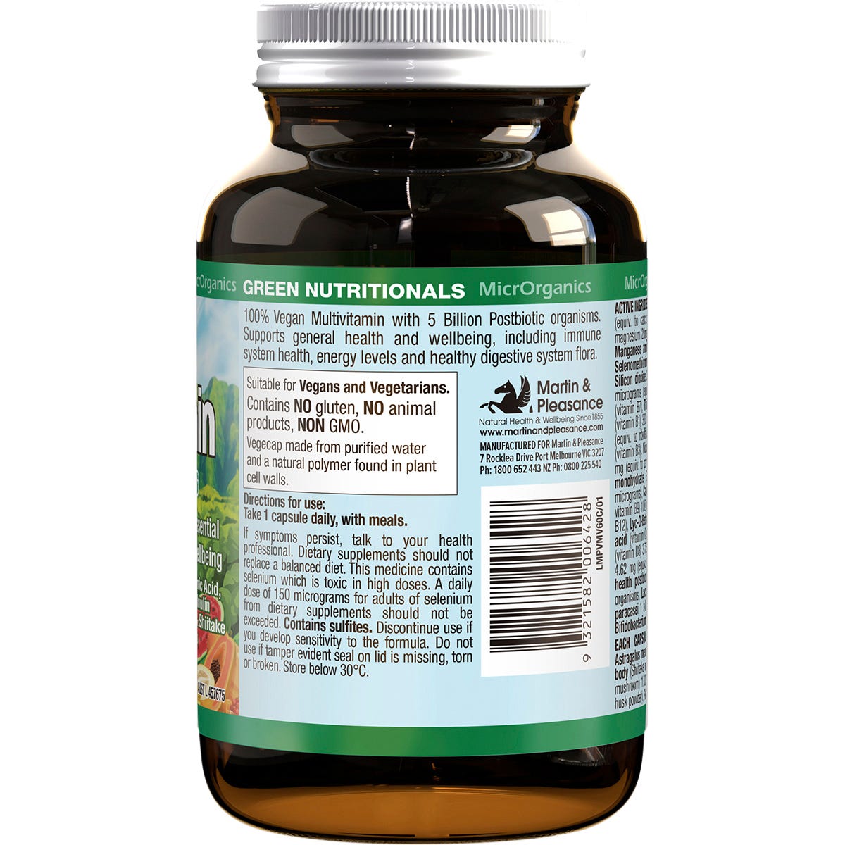 Right angle view of Green Nutritionals 100% Vegan Multivitamin glass bottle with a green label and white lid.